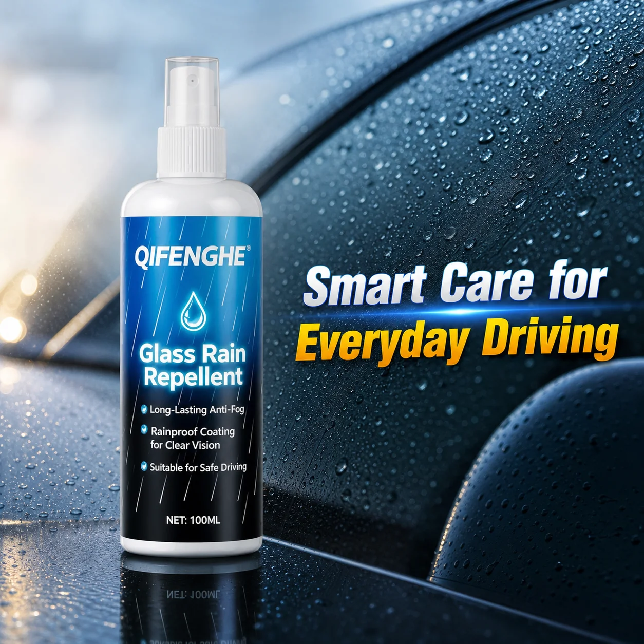 QIFENGHE 100ml Car Glass Rain Repellent Spray, Long-Lasting Anti-Fog Coating for Clear Vision & Safe Driving with Free Towel