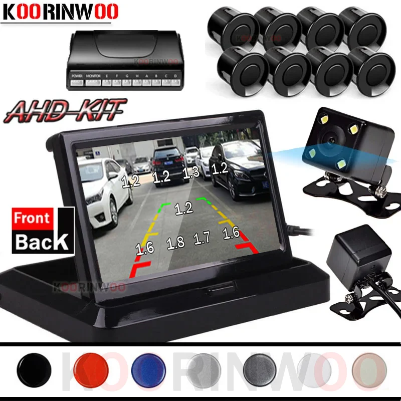 Koorinwoo Dual Core Car Parking Sensors 8 Parking Assist 4.3 Car Monitor Folding Radar Alarm Font Camera Rear view Camera Safe