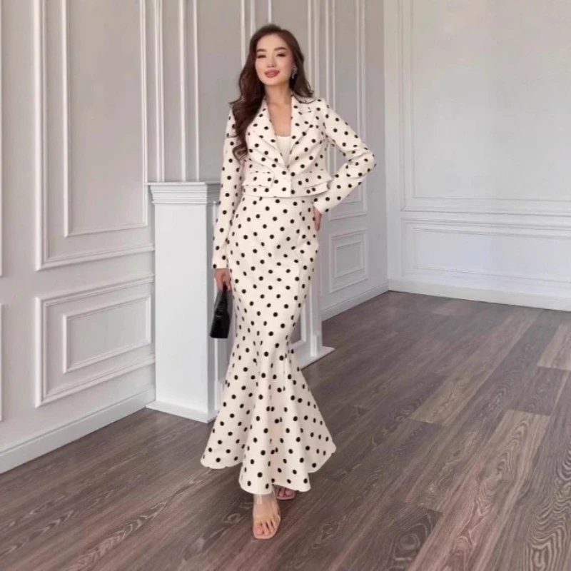 Women Two Piece Sets Skirt Set Dot Full Sleeve Turn Down Collar Coats Long Mermaid Skirts A Line High Waist Evening Elegant 2026