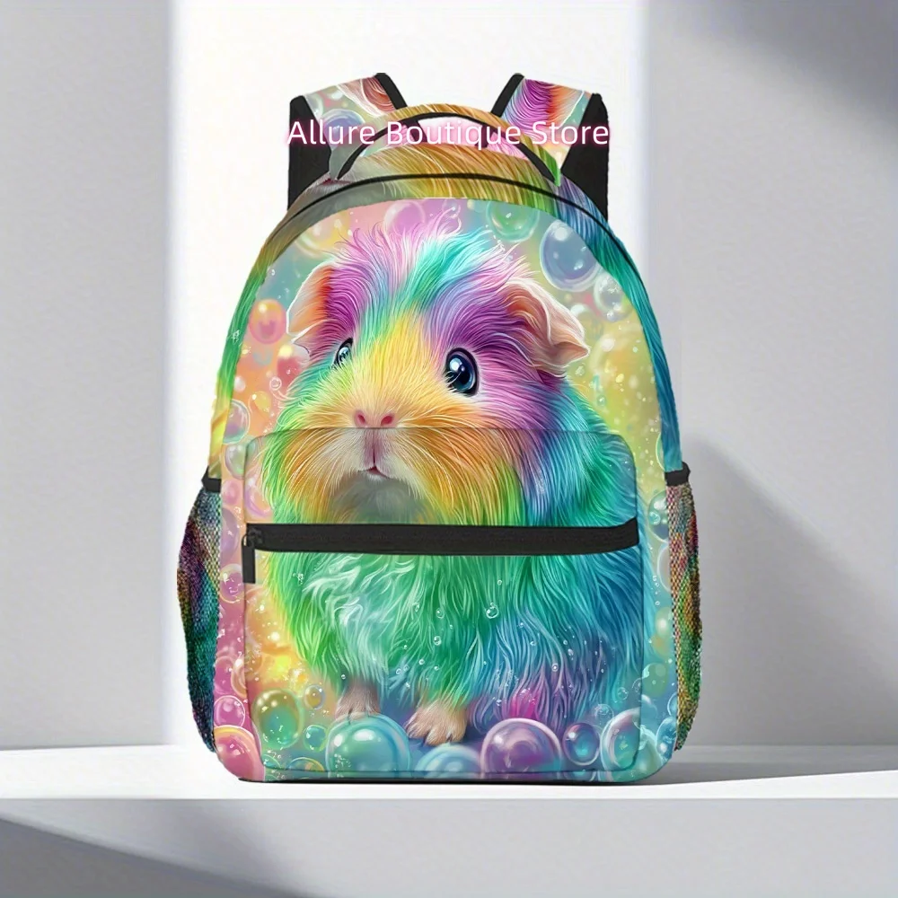 1pc Rainbow Guinea Pig Backpack - Cute Guinea Pig Print with Rainbow Colors & Bubbles, Lightweight Durable Fabric, Comfortable S