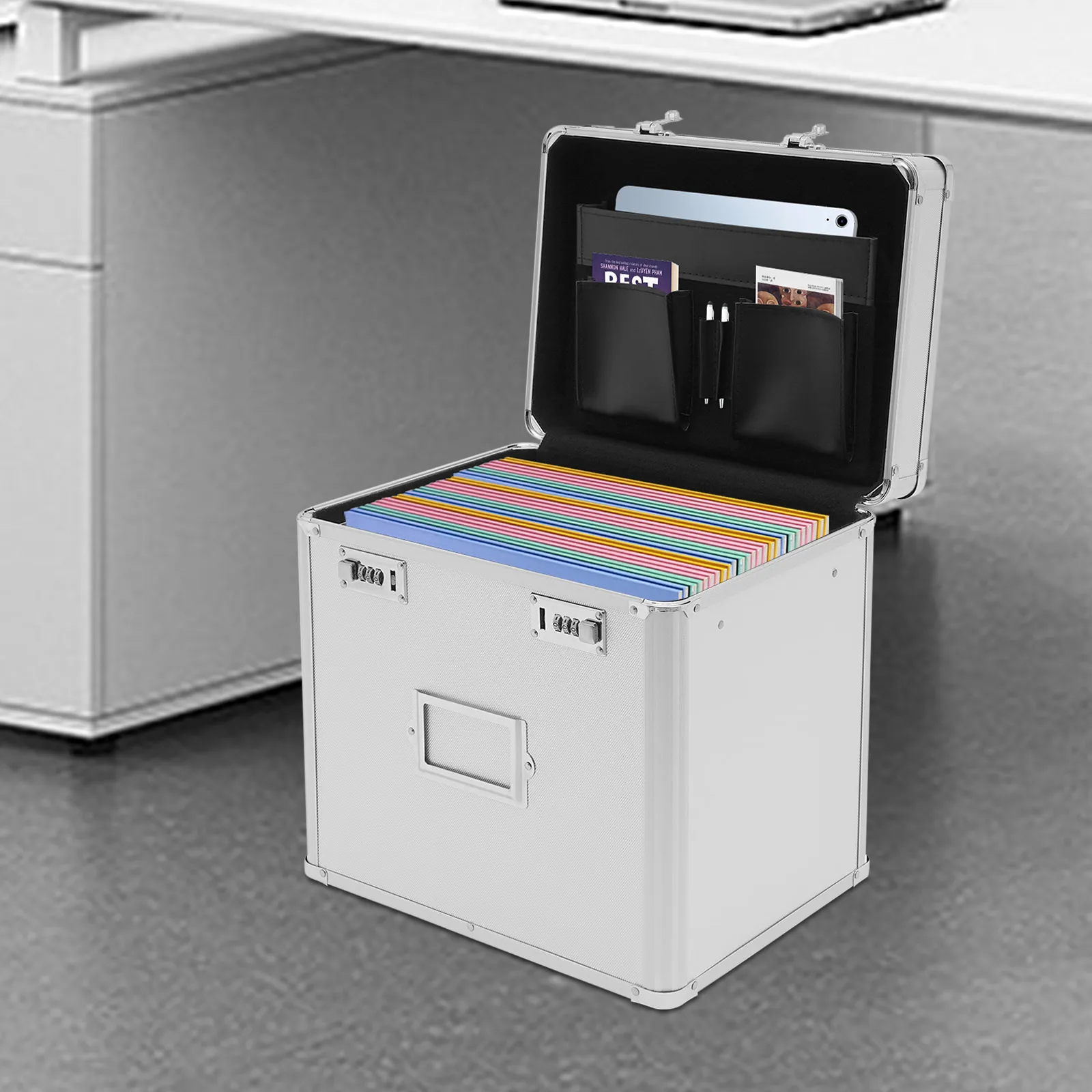 

13.8*10*13.4 Inch Potable File Cabinet Portable Lock Storage Home Office Metal Organizer Box