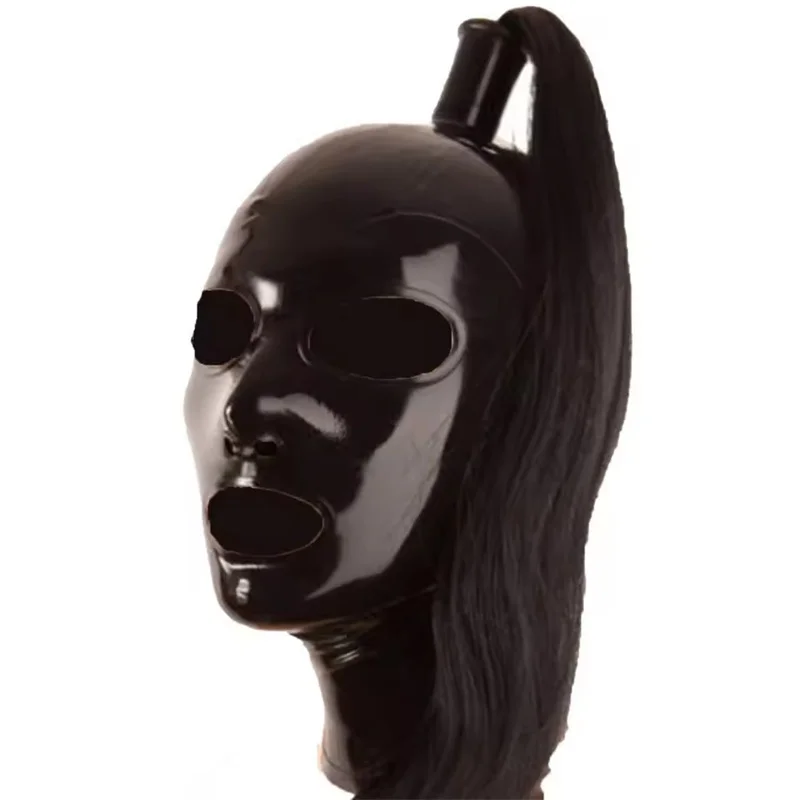 

Black Latex Hood with Black Ponytail Wig Back Zipper Rubber Mask Cosplay Party Wear Christmas Costume Clubwear