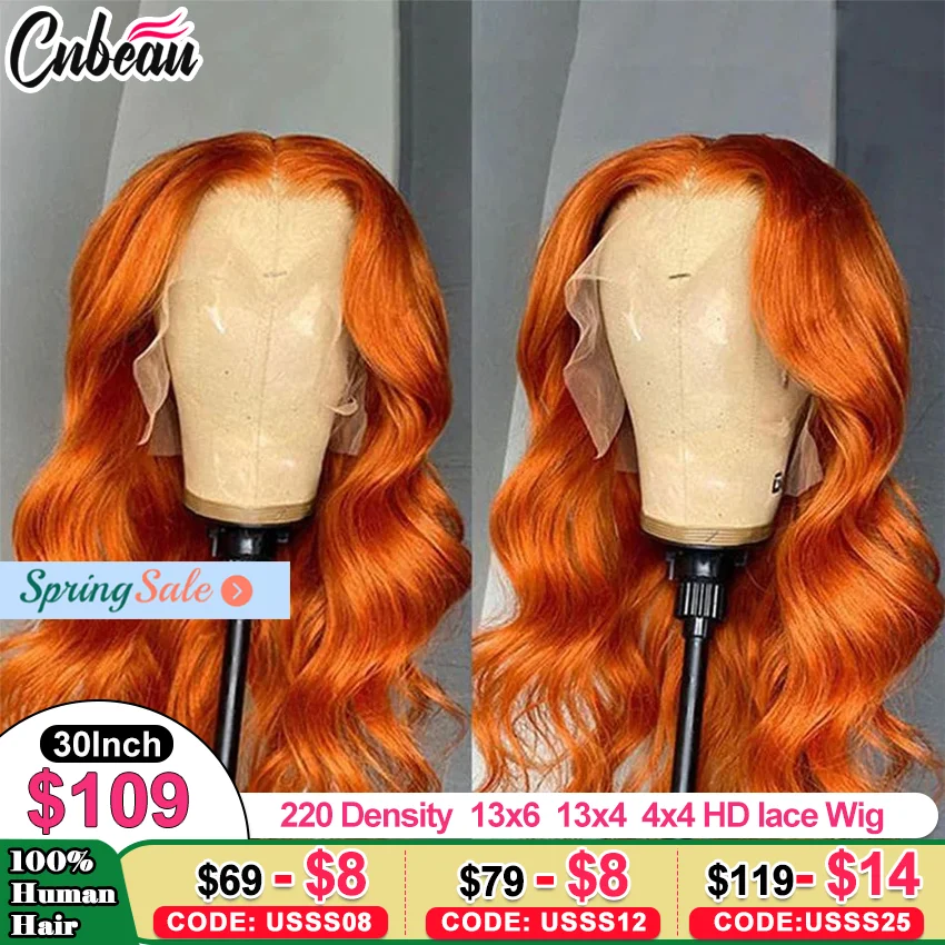 Perruque Lace Closure Wig Body Wave Naturelle Orange, 4x4, 13x4 HD, Transparent, pour Femme