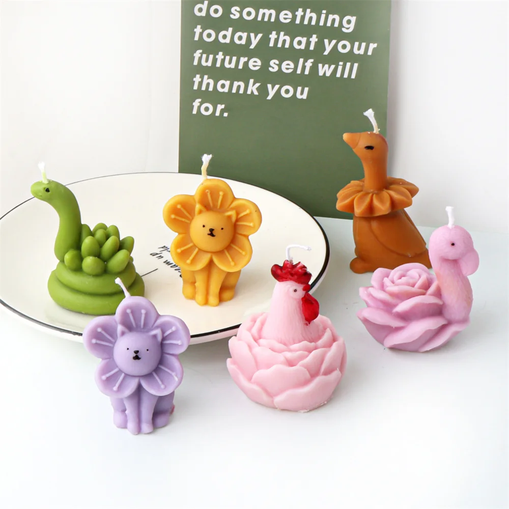 Flower Succulent Animal Candle Mold Silicone With Cock/Snake/Flamingo/Duck/Cat Shape Statue Tool DIY Resin Crafts-Perfect Gifts