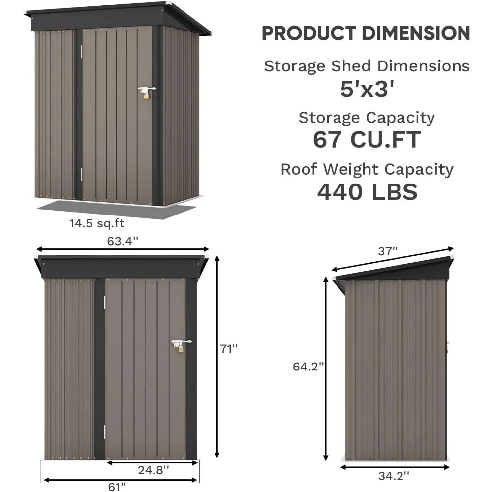 Imagem -03 - Prefab Tool Shed House com Telhado Inclinado e Porta Bloqueável Armazenamento ao ar Livre Mobile Shed Container Brown Freight 5x3ft