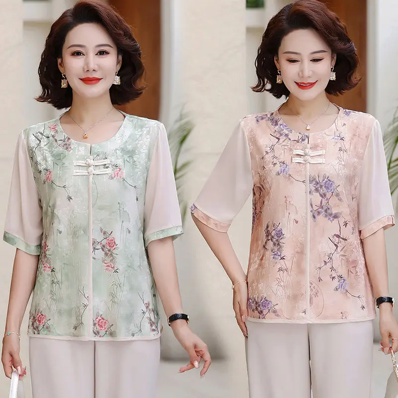 

Middle Aged and Elderly Summer Round Neck Short Sleeved T-shirt New Style Chinese Fashion Casual Women's Thin Top