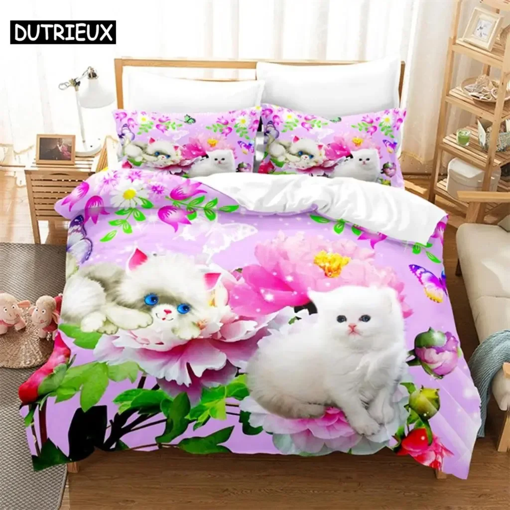 Cat Flowers Queen Bedding Set Pink Comfortable Duvet Quilt Cover Pillowcase Bedding Set Children Bedroom Decoration Home Textile