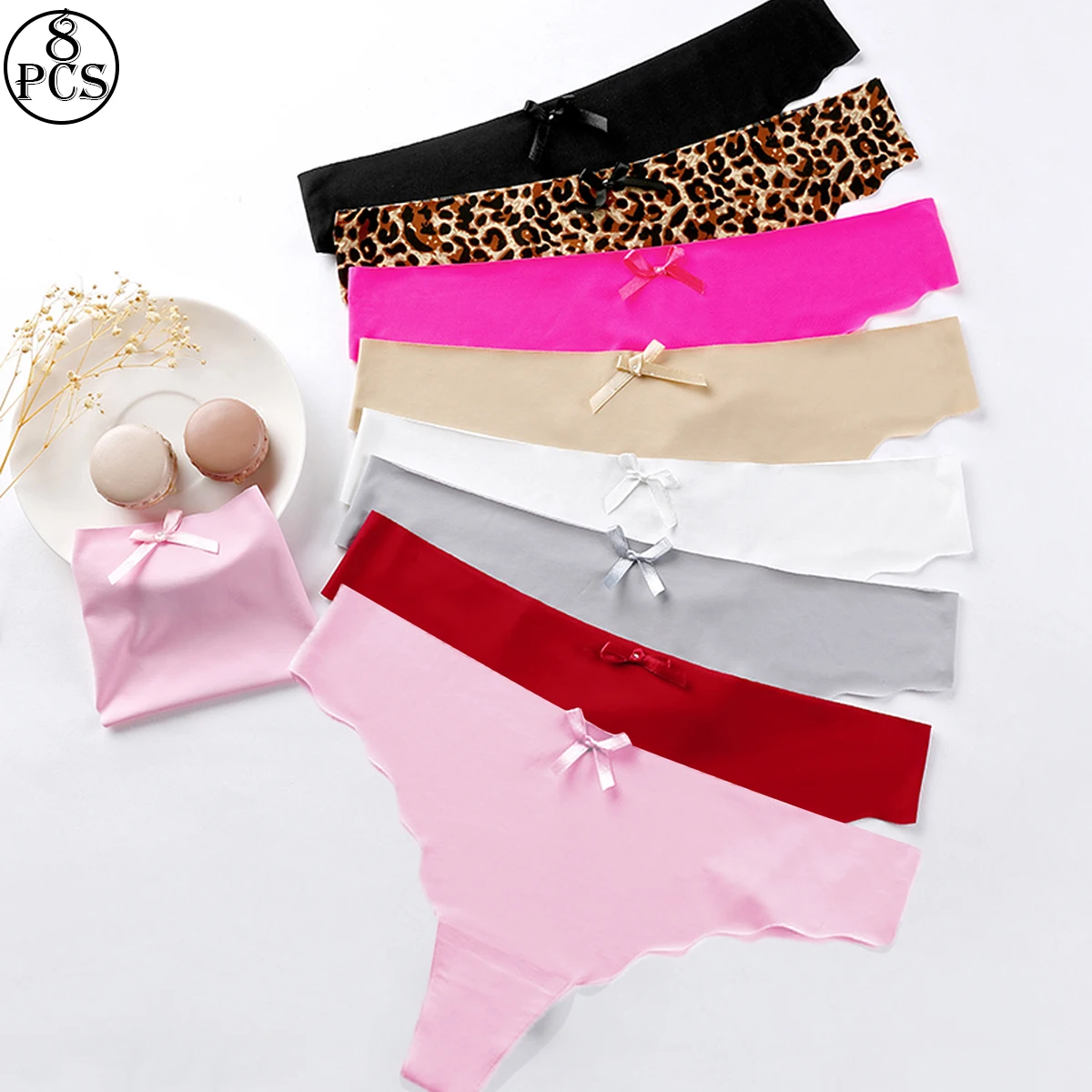 8 pieces ice silk seamless women\'s panties pure desire sexy lingеrie low waist sports thong elastic one-piece invisible T pants