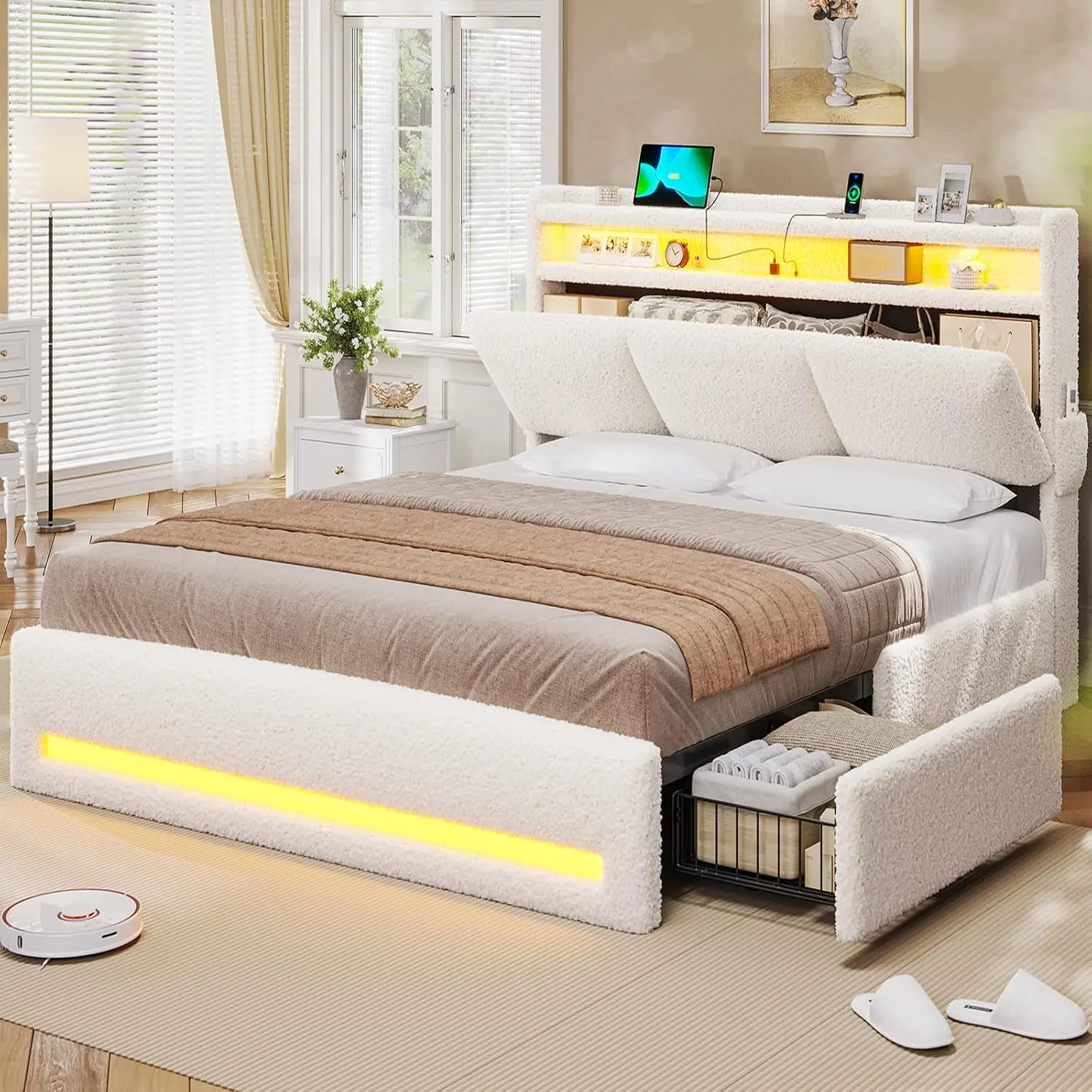 Full Size Bed Frame Storage Headboard Charging Station 4 Drawers LED Lights USB Type C No Box Spring Boucle Upholstered, Customi