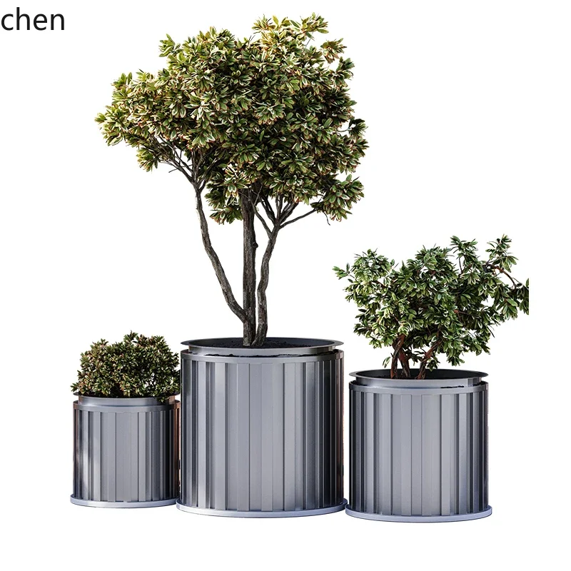 ZML Iron Art Outdoor Courtyard Sales Office Commercial Street Square Round Barrel Flower Pot Set
