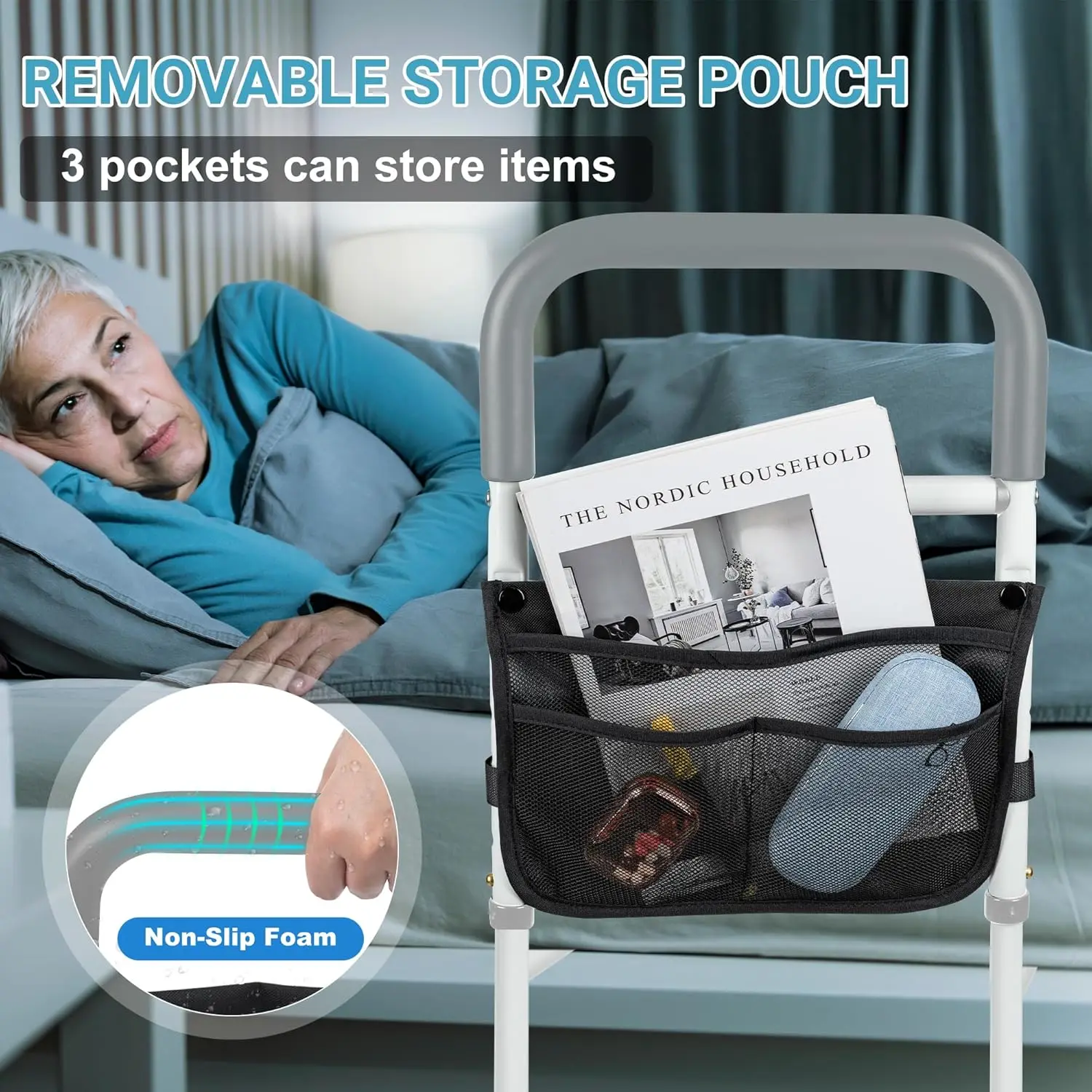 Adjustable Bed Assist Rails for Seniors, Bed Side Rails with Support Legs and Storage Pocket, Portable Bed Cane