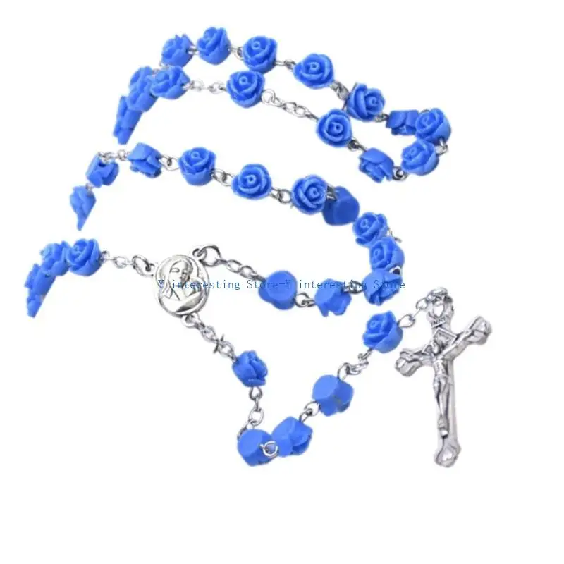 

896A Rose Flower Beads Crosses Rosary Necklace Chain for Gifting and Religious Event