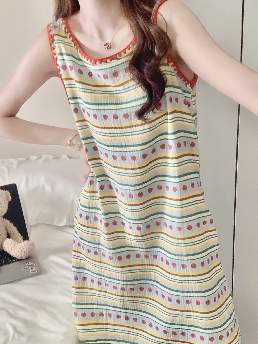 2026 New Summer Sleeveless Women's Striped Vest Nightgown Thin Maternity plus Size Sleepwear Can Be Worn outside Home Clothes