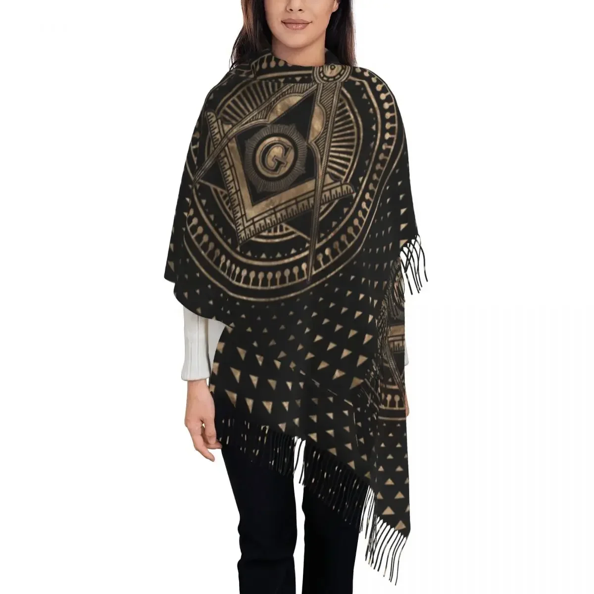

Freemasonry Symbol Square And Compasses Scarf Women Men Stylish Winter Fall Shawl Wraps Mason Tassel