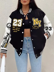 New York Art Letter 23 Printed Women Jacket Harajuku Fleece Baseball Jersey Button Personality Streetwear Vintage Loose Clothing