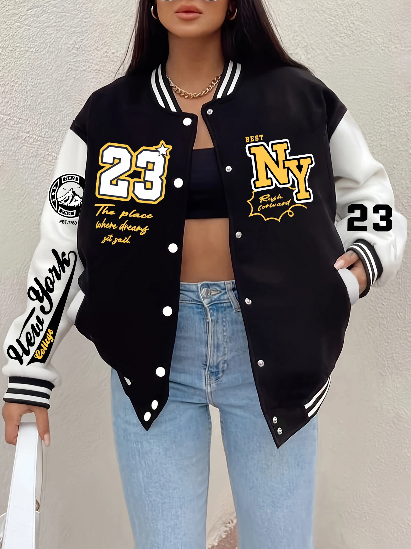 New York Art Letter 23 Printed Women Jacket Harajuku Fleece Baseball Jersey Button Personality Streetwear Vintage Loose Clothing