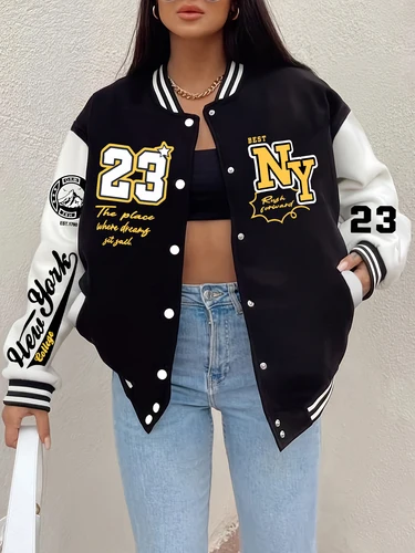 Chaqueta con estampado de letra 23 de arte de Nueva York para mujer, Jersey de béisbol de lana Harajuku con botones, ropa de calle con personalidad, ropa holgada Vintage