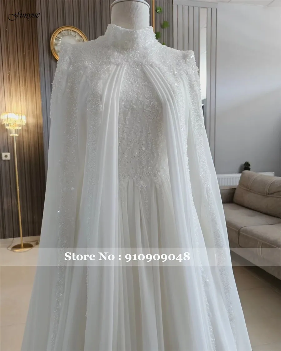 Funyue Chiffon Robe De Mariée Long Sleeve Muslim Wedding Gown for Women 2025 Bride High Neck Hijab Islamic Bridal Dress Arabic