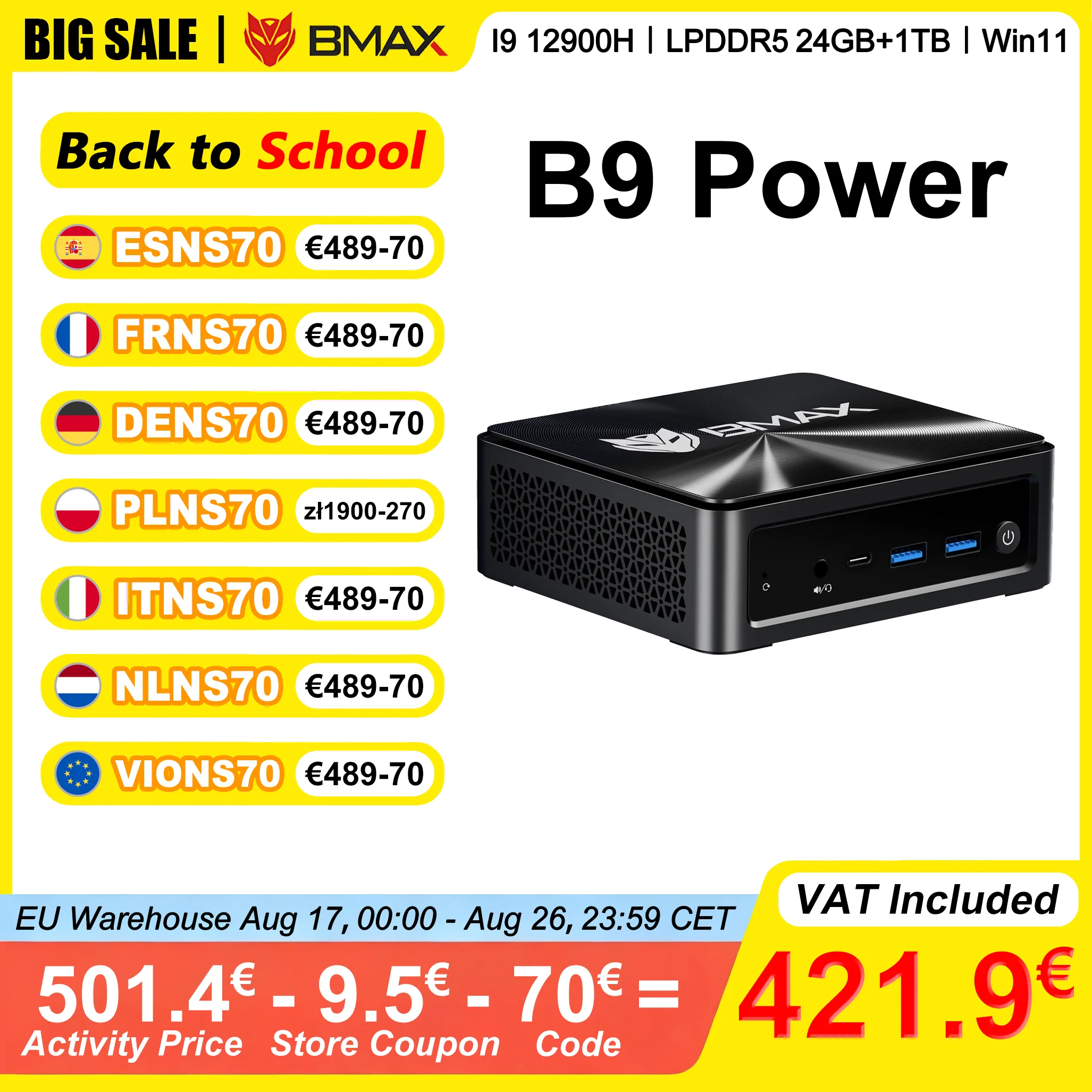 BMAX Mini-PC B9 Power LPDDR5 24GB RAM 1TB NVMe SSD Intel Core i9 12900HK Windows 11 unterstützt bis zu 4K bei 60 Hz