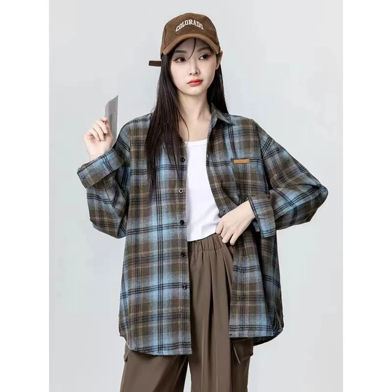 

Корейские клетчатые рубашки с длинными рукавами контрастного цвета, свободные повседневные женские осенние модные топы для пар, женская блузка, модные куртки, топы