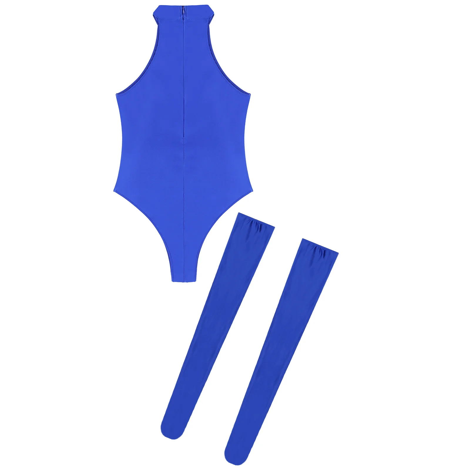 Womens Glossy Bodysuit Mock Neck Sleeveless Solid Color Leotard Swimwear Beachwear Nightwear Jumpsuit with Thigh High Stockings