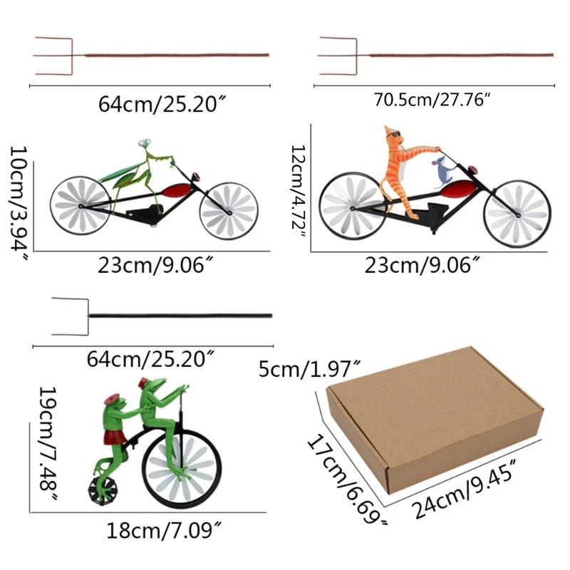 Adorno bicicleta ranas, molino viento Metal hecho a mano, artesanía jardín, artesanía libre 45BE