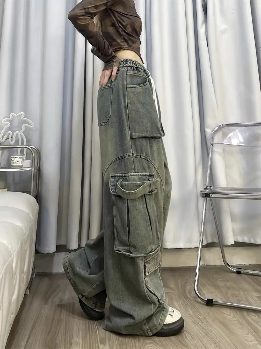 Elastic waist retro wide leg, flesh blocking straight tube, Haren loose fit, new washed denim work pants, female dad trend