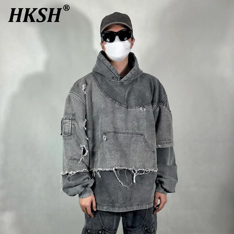 HKSH Spring Men\'s Tide Punk Waste Land Style Spliced Deconstruction Damage Holes Hoodie Fashion Color Contrast Sweatshirt HK1631