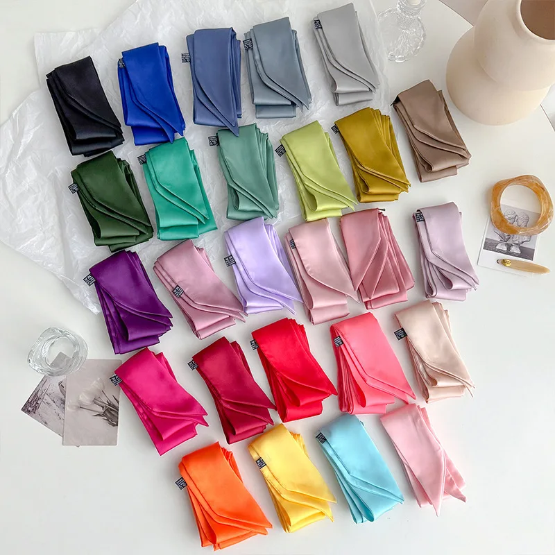 Silk Scarf Solid Slim Long Ribbon Skinny Versatile Soft Lightweight Hair Wrap for Women Daily Office Travel Gift