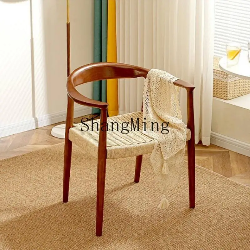 

ZYH Solid wood household rope woven leisure backrest armrest book desk chair office master tea chair