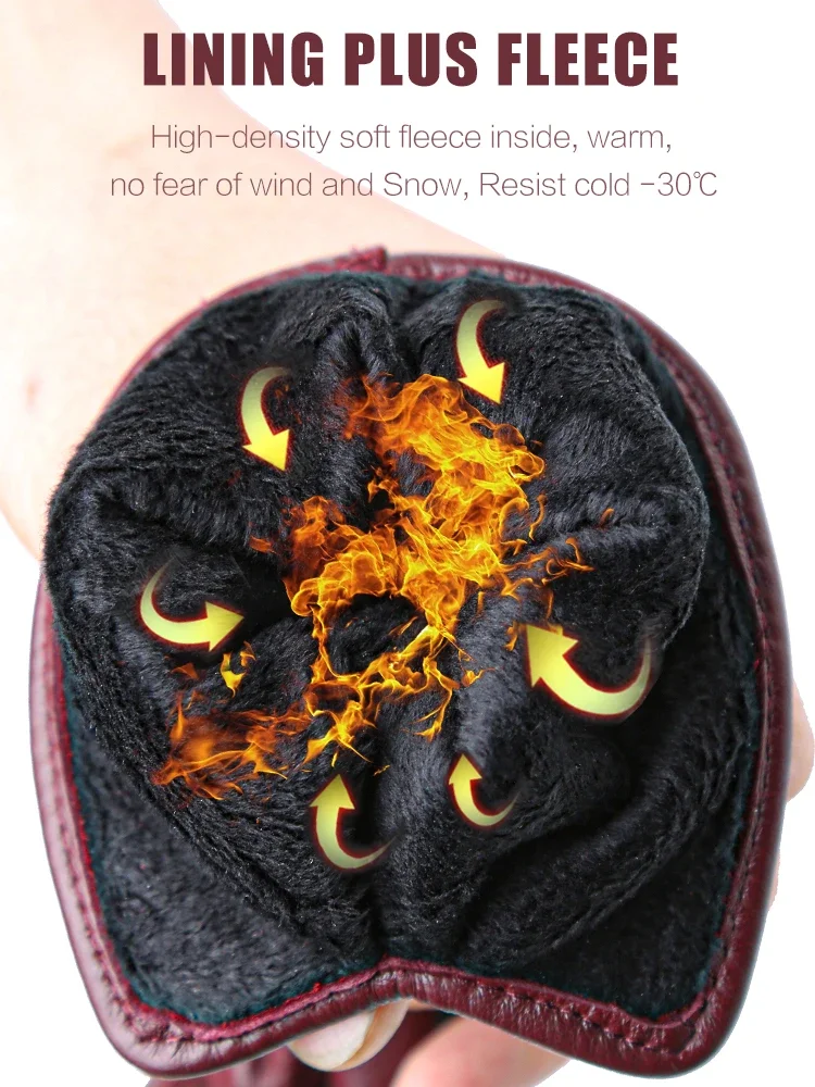 قفازات من جلد الغنم للنساء للتدفئة في الشتاء، مع صوف سميك لقيادة الدراجات النارية، مقاومة للرياح، رفيعة، قصيرة، وثلاثية