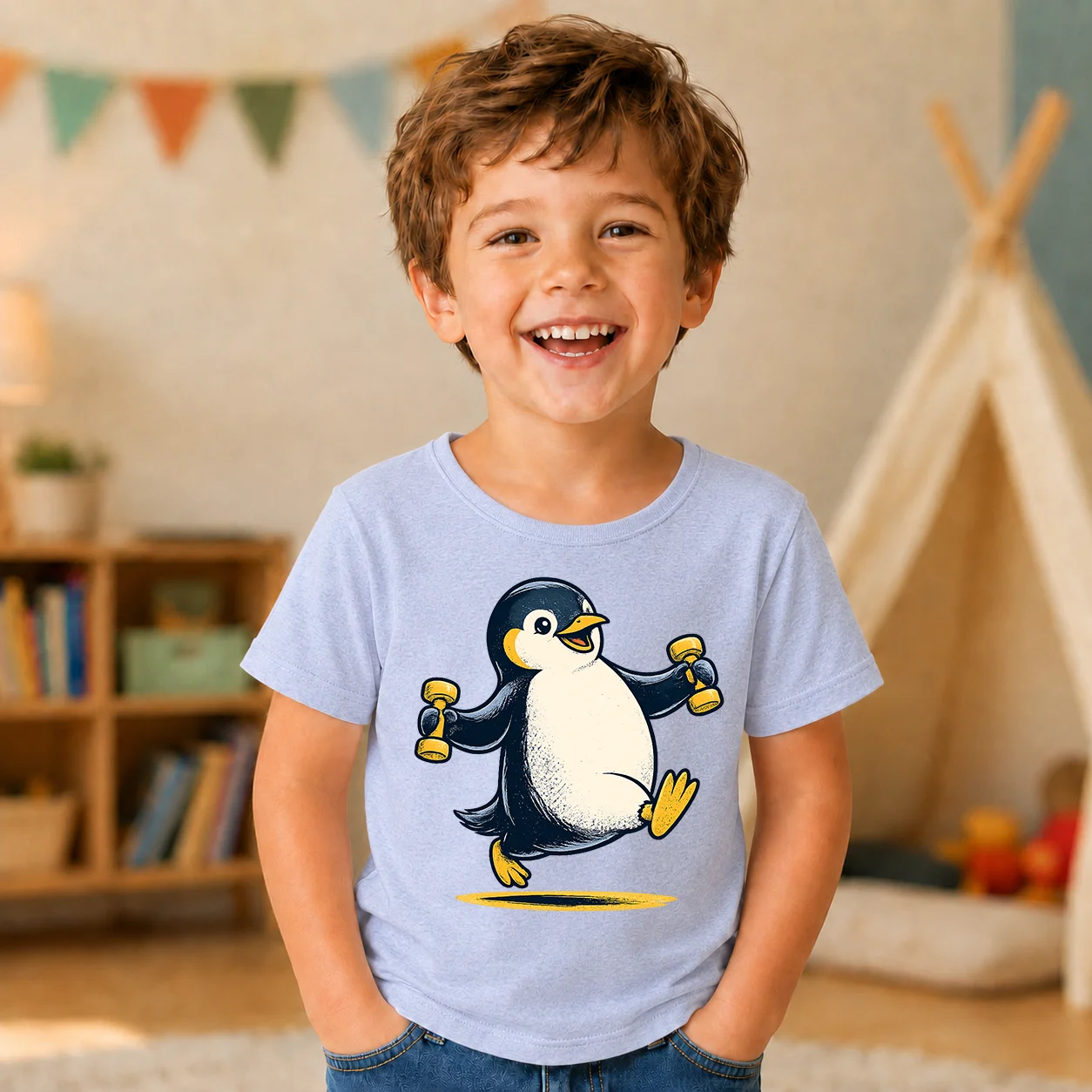 Kids Cartoon Penguin Print T-shirt Summer Cotton Short Sleeve Boys Cute Gym Penguin Graphic Tee Casual O-neck Children Daily Wea