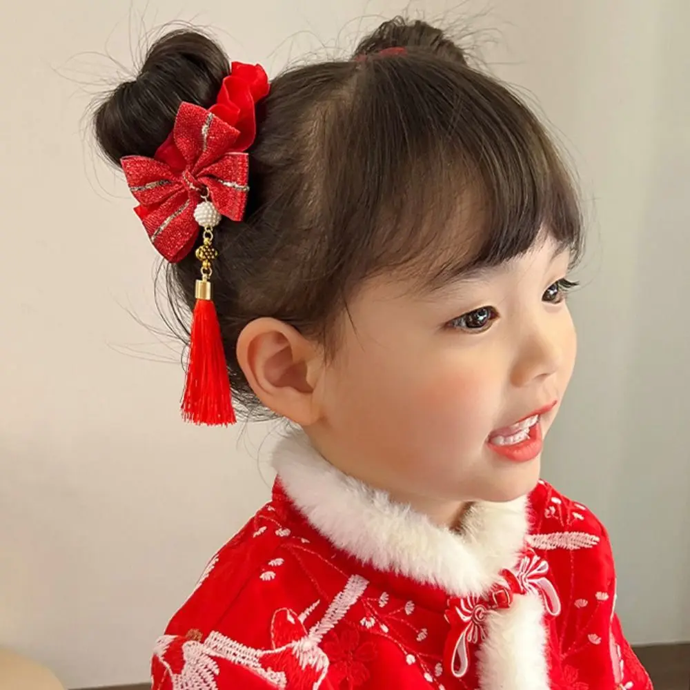 

Tassel Children Red Hair Rope Hairball Pearl Chinese New Year Headwear Tang Suit Hair Clip Ancient Headwear Red Bow Hair Rope