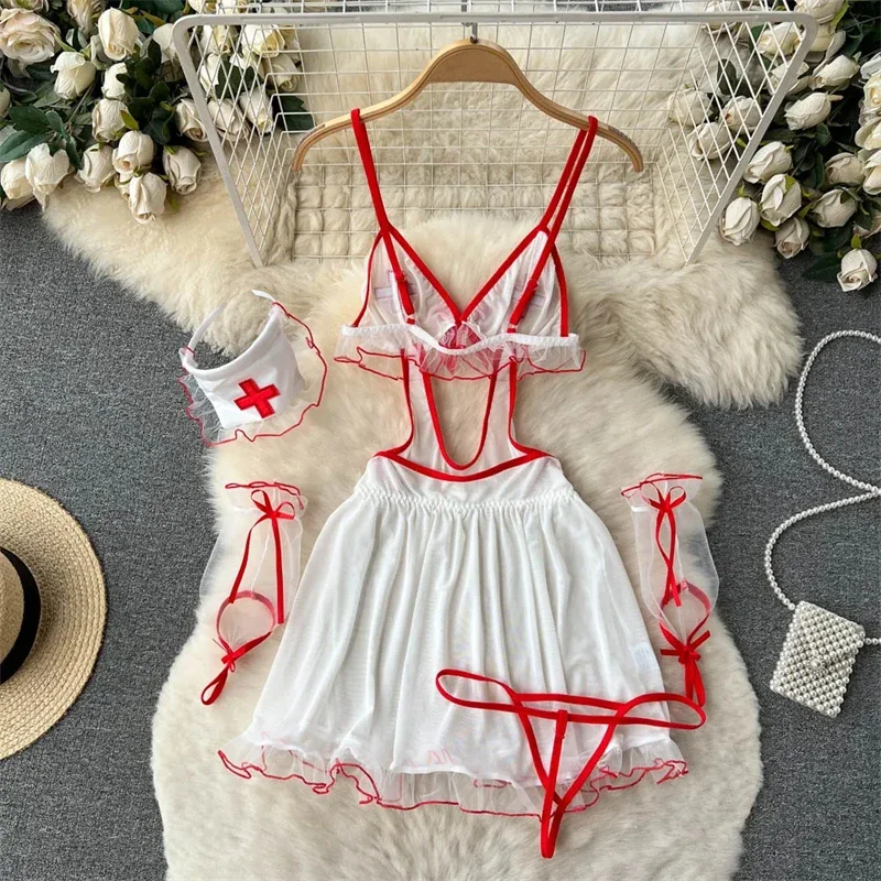 Vestido blanco con tirantes y cuello en V, vestido Sexy de enfermera con espalda descubierta y encaje transparente, Vestido corto de retazos, ropa de dormir para mujer