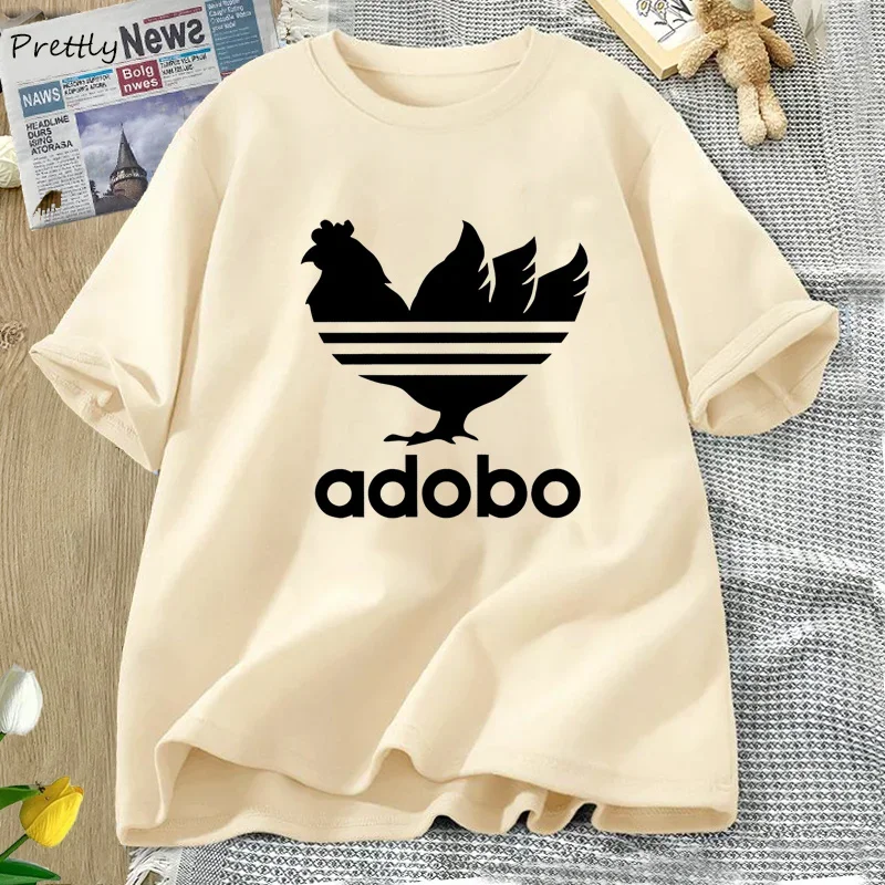 Camiseta divertida de pollo Adobo para mujer, Camiseta de algodón de manga corta con estampado de Adobo de filigrana, ropa de calle Harajuku