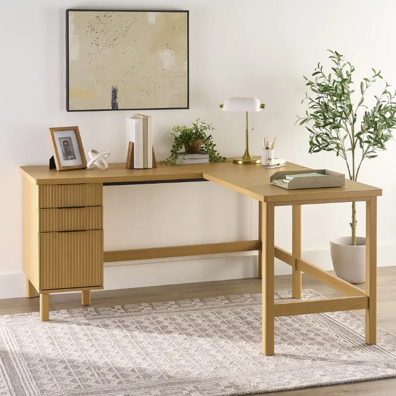 

Lillian Fluted L-Shape Desk, Natural Pine Finish,office,bedroom,living room,home