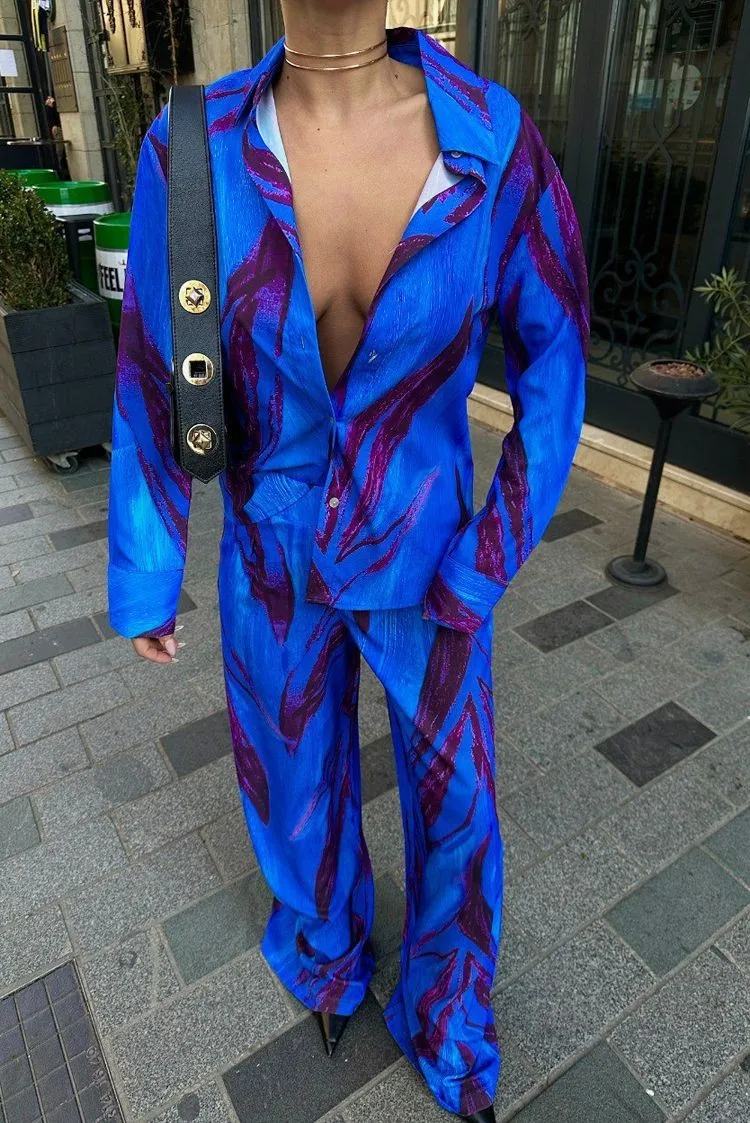 Women Two Piece Set Suit Tie-dye Print Long Sleeve Lapel Shirt+Elastic Waist Casual Wide Leg Pants Fashion Street Loose Outfits