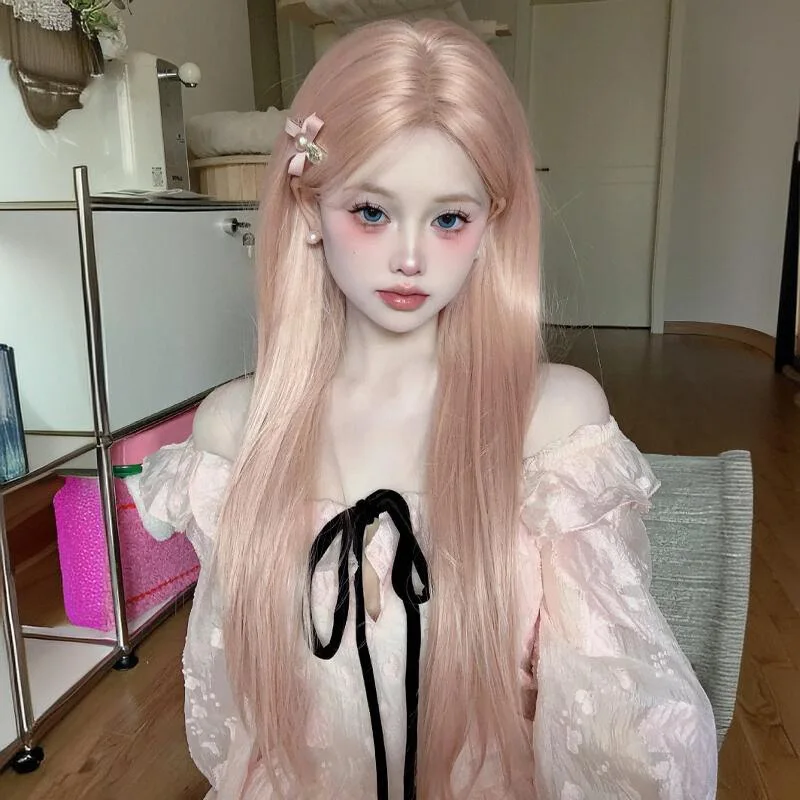 合成ウィッグ-女性用-夏の新スタイル、毎日の写真撮影、ガールグループ、温かみのあるピンク、リアルなレース、ロングストレートヘア、甘くてかわいい