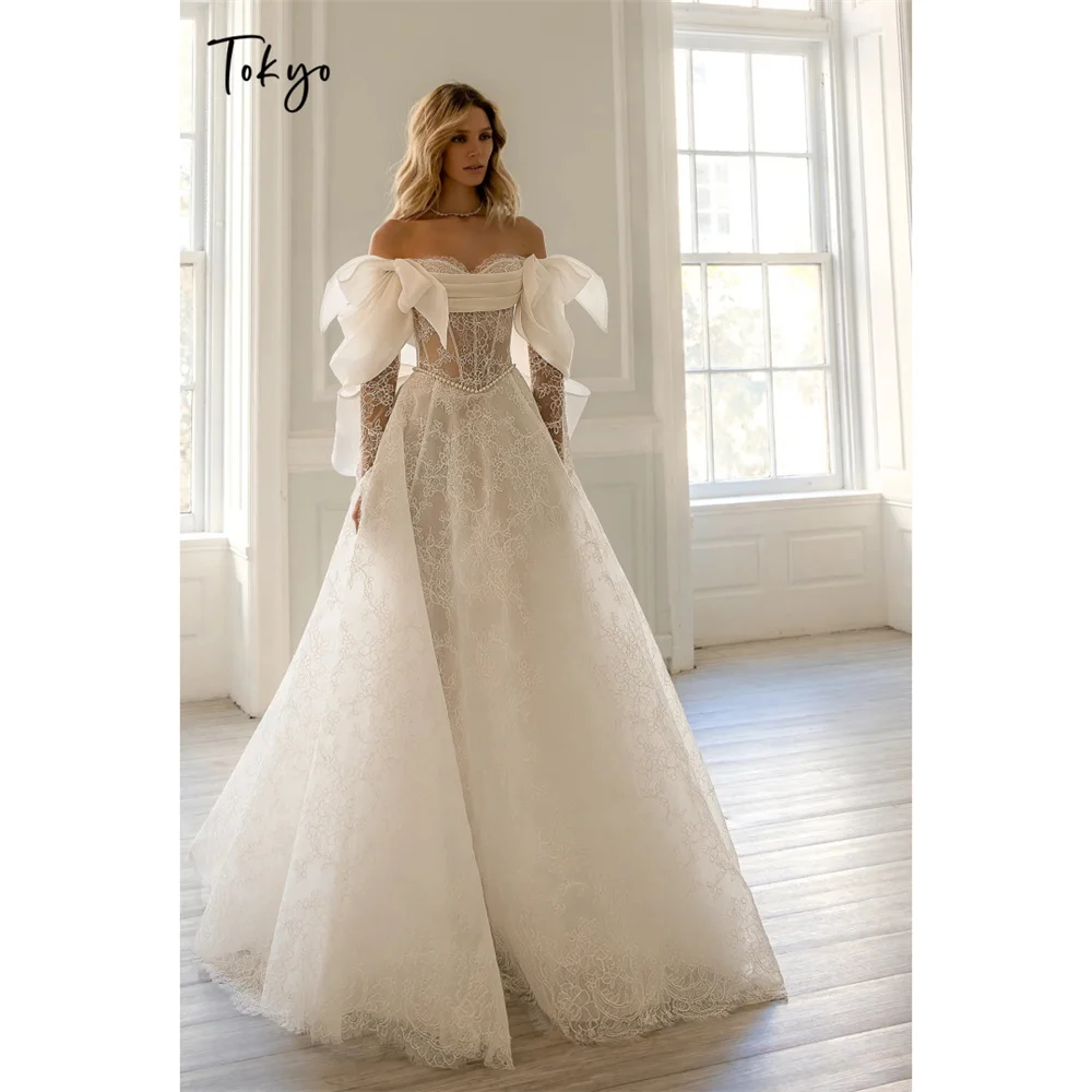 Tokyo Sheer Corset Bow A Line Wedding Dress Off Shoulder Floral Lace Formal Evening Gown Beaded Pearl Church Ceremony Skirts