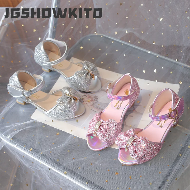 

JGSHOWKITO Girls High Heeled Sandals Sequins Shiny Bling with Bow-knot Chic Elegant Princess Kids Summer Dress Shoes Fish Mouth