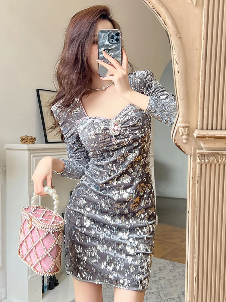 Robe de bal Vintage élégante en velours gris pour femmes, paillettes brillantes, diamant rose, manches longues, moulante, Mini robe de soirée, Club