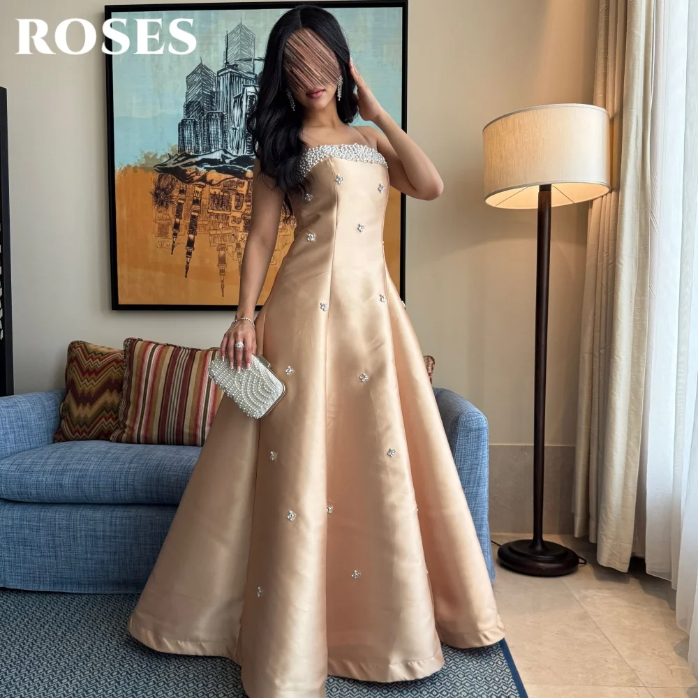 

ROSES Платье для выпускного вечера цвета шампанского без бретелек Платье знаменитости без рукавов Женское вечернее платье с бисером Атласное вечернее платье по индивидуальному заказу