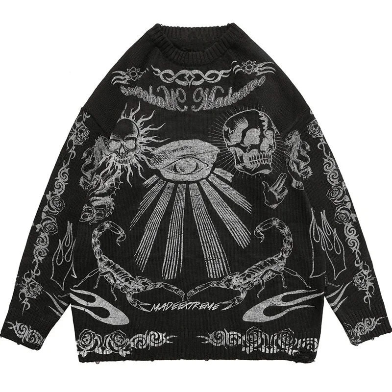 Spring and Autumn New Men's Sweater Cross border Vintage Skull Print American Street Knitted Top Sweater