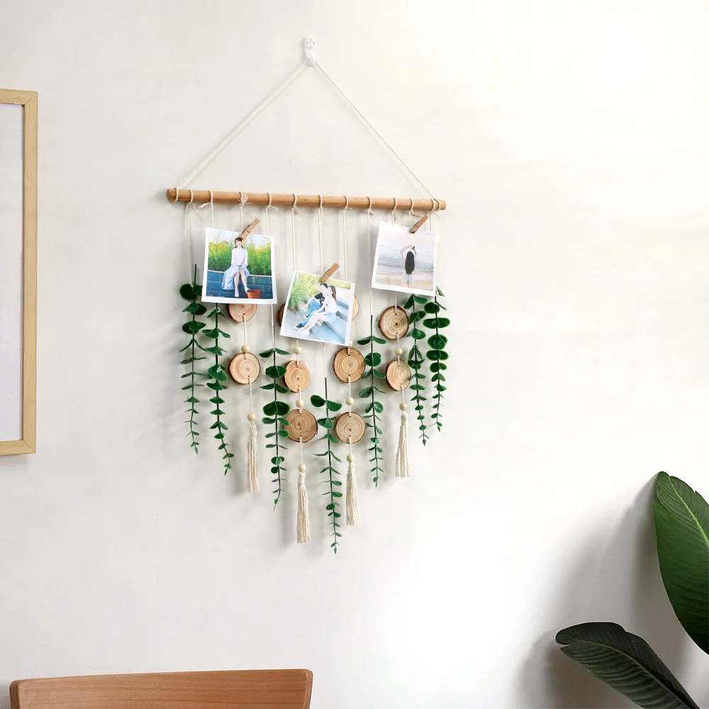 Macrame Wall Hanging Tassel Tapestry with Green Leaf Cotton Bohemian Hand Woven Nordic Wall Decor Living Room Home Art Decor