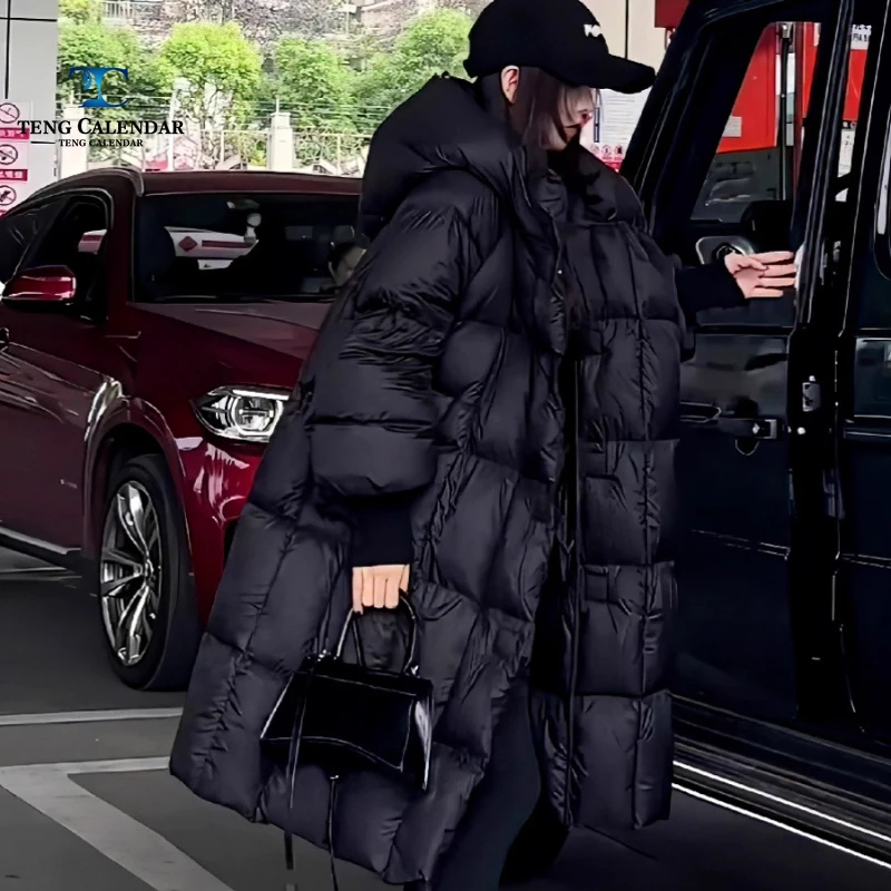 

Korean Version Hooded Down Cotton Jacket, Black Loose and Thick Warm Long Over The Knee Jacket, Women's 2025 Winter New Style