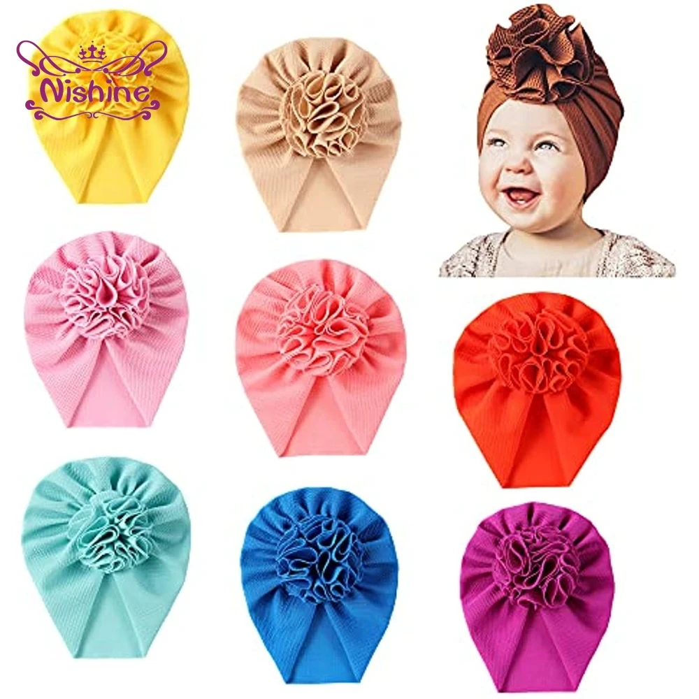 1PCS Solid Nursery Hospital Turban Hat Cap Beanie Bonnet with Big Flower for Baby Girls Toddlers Newborns Infants Headwear