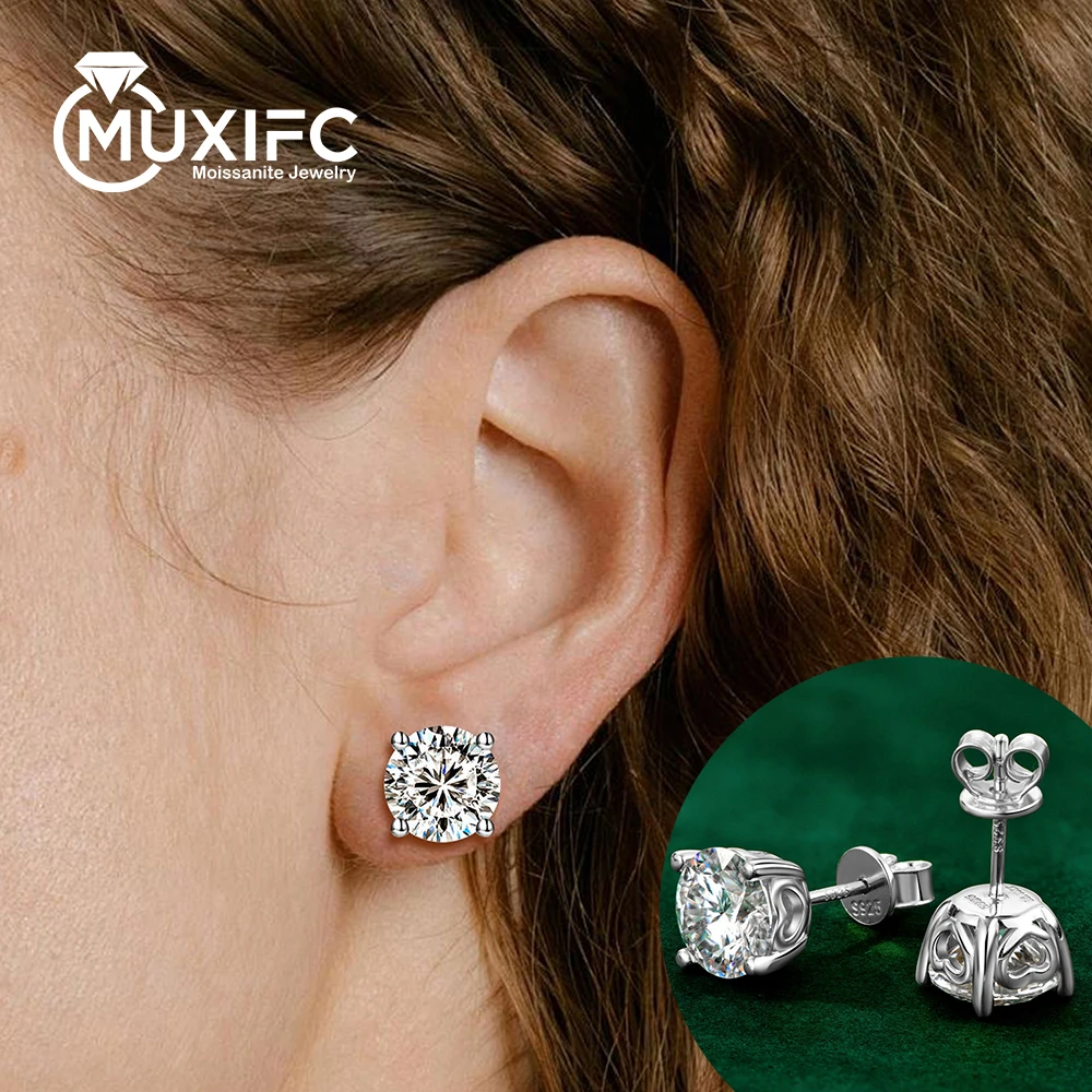 

MUXIFC 2-4 CTTW Round Cut Moissanite Stud Earrings for Women S925 Sterling Silver D Color Diamond Ear Studs Fine Jwewlry Gift
