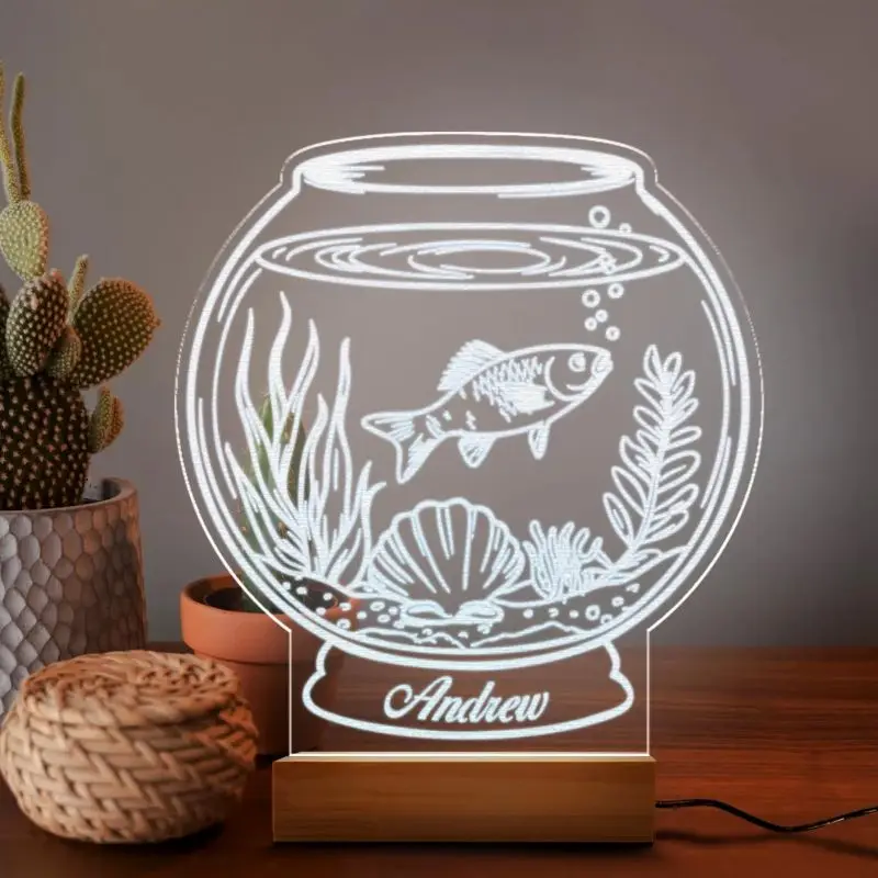 Personalized Fish Bowl Edge Night Led Light, Custom Name Fish Lamp Acrylic Led Light