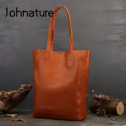 Johnature Large Capacity Casual Tote Women Bag Natural Soft Real Cow Leather Casual Solid Color Versatile Commuter Shoulder Bags