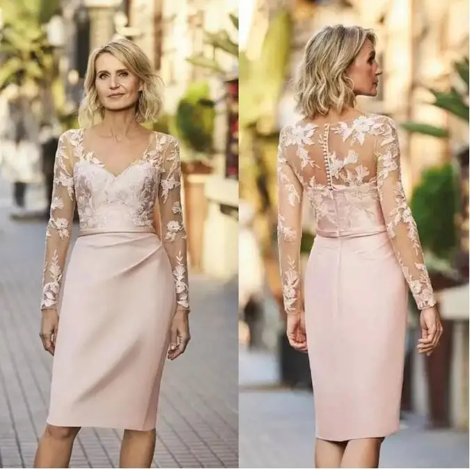 2022 Elegant Wedding Guest Gown For Woman Formal Mother Of The Bride Dresses Illusion Full Sleeves With Applique Knee Length